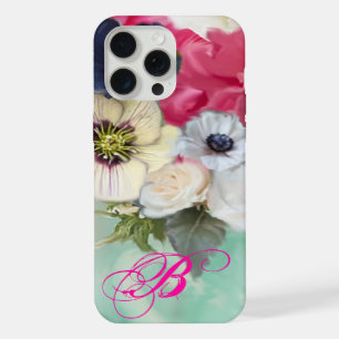 WHITE PINK ROSES AND ANEMONE FLOWERS MONOGRAM iPhone CASE