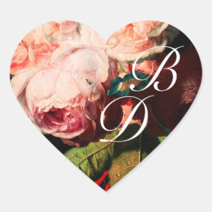 WHITE PINK ROSES AND MORNING GLORY MONOGRAM HEART STICKER