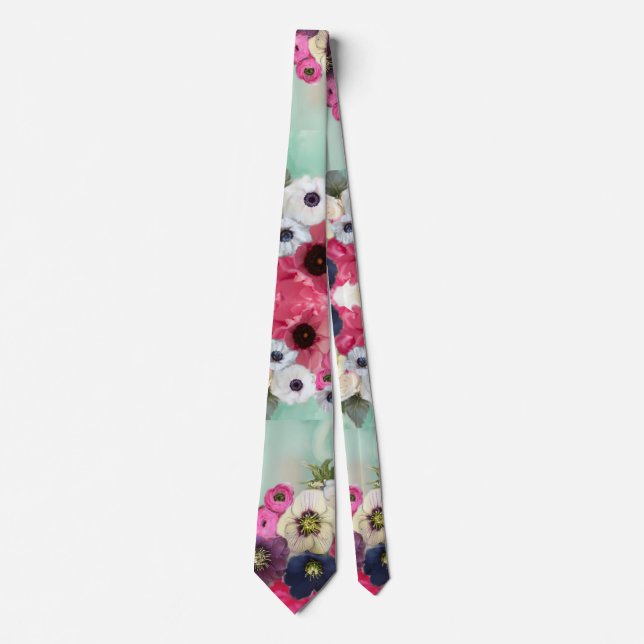 WHITE PINK ROSES ,ANEMONE FLOWERS TEAL AQUA BLUE TIE (Front)