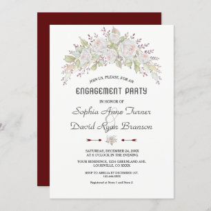 White Pink Roses Burgundy Engagement Party Invitation