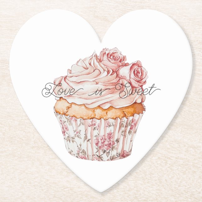 White Pink Roses Floral Cupcake Bridal Shower Paper Coaster (Front)