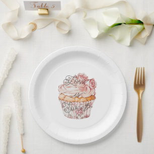 White Pink Roses Floral Cupcake Bridal Shower Paper Plate