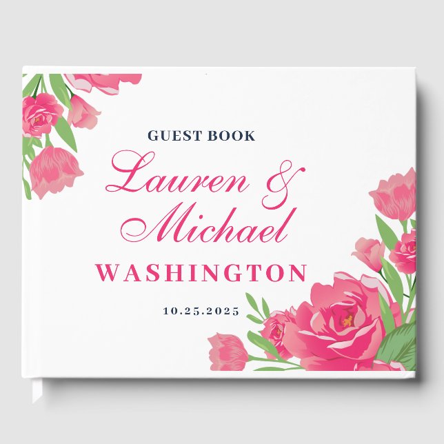 White Pink Roses Flower Bouquet Floral Wedding Guest Book (Front)