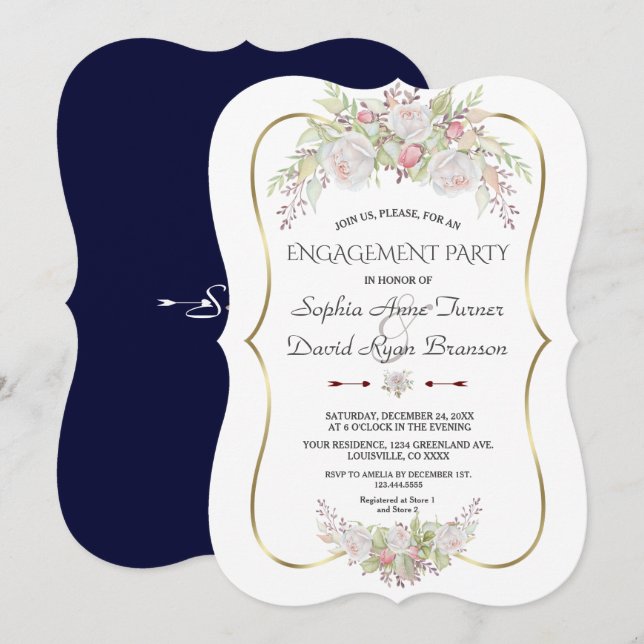 White Pink Roses Gold Frame Navy Engagement Party Invitation (Front/Back)