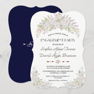 White Pink Roses Navy Blue Engagement Party Invitation