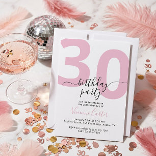 White Pink Script 30th Birthday Party Invitation