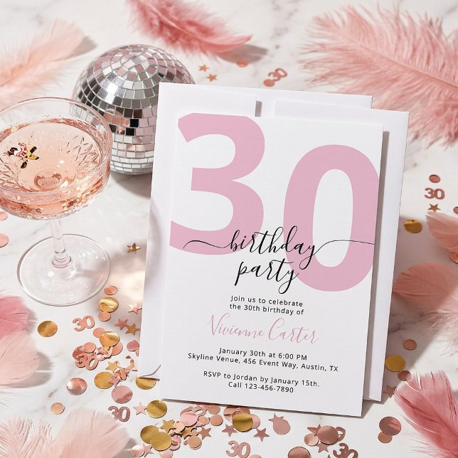 White Pink Script 30th Birthday Party Invitation (White Pink Script 30th Birthday Party Invitation)