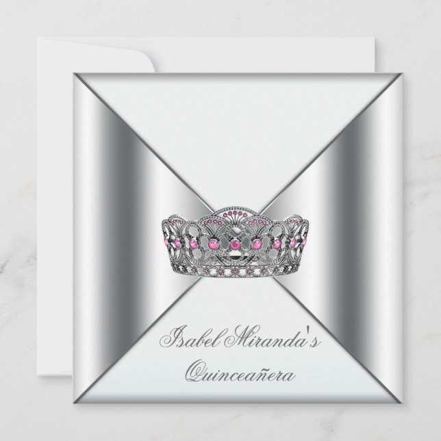 White Pink Silver Tiara Quinceanera 15th Party Invitation (Front)