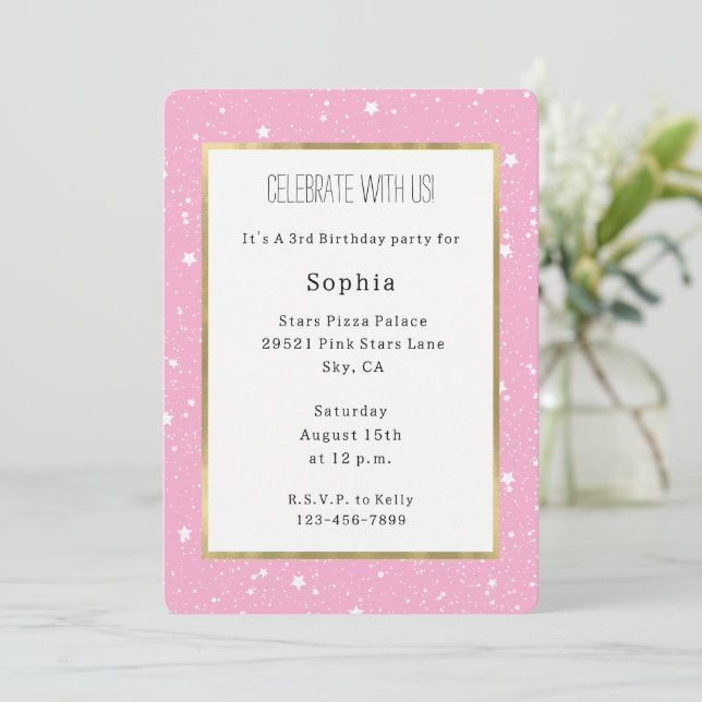 White Pink Sky of Stars Birthday   Invitation (Standing Front)