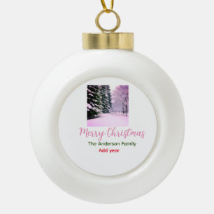 White pink snow merry Christmas add family name da Ceramic Ball Christmas Ornament
