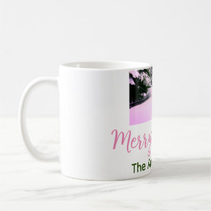 White pink snow merry Christmas add family name da Coffee Mug