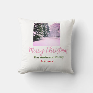 White pink snow merry Christmas add family name da Cushion