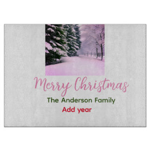White pink snow merry Christmas add family name da Cutting Board