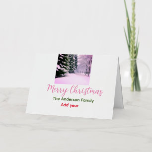 White pink snow merry Christmas add family name da Foil Holiday Card