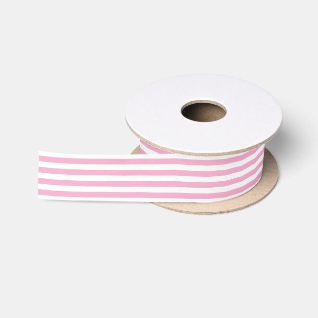 White & Pink Stripes Geometric Pattern Satin Ribbon (Spool)