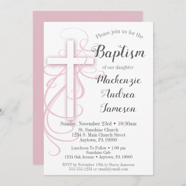 White Pink Swirl Cross Baptism Invitation Girl's (Front/Back)