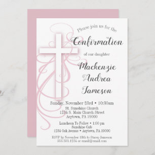 White Pink Swirl Cross Confirmation Invitation