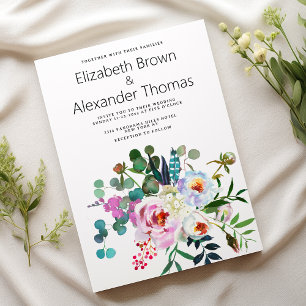 White pink teal green peony floral boho wedding invitation