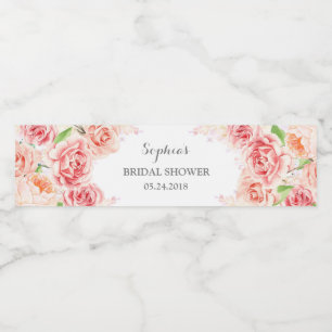 White Pink Watercolor Flowers Bridal Shower Water Bottle Label