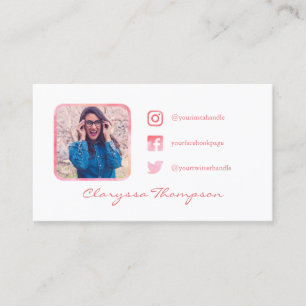 White & Pink Watercolor Photo Social Media Business Card