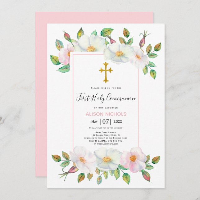 White, pink wild dog rose floral First Communion Invitation (Front/Back)