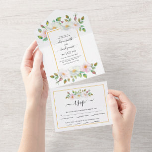 White, pink wild dog rose floral yellow wedding all in one invitation