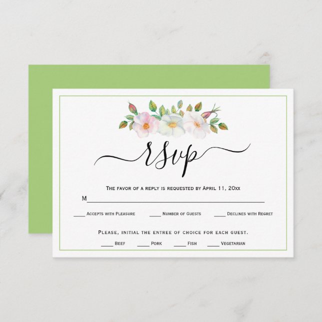 White pink wild dog rose green floral wedding RSVP (Front/Back)