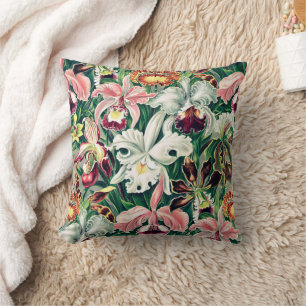 White Pink Yellow Green Orchid Pattern Cushion