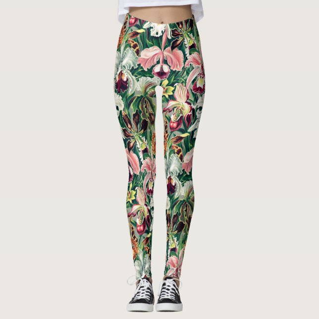 White Pink Yellow Green Orchid Pattern Leggings (Front)
