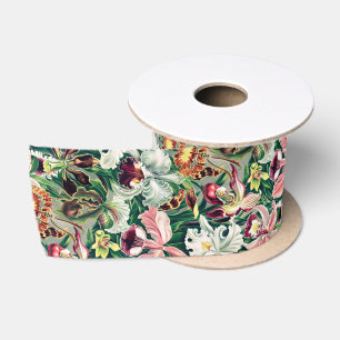 White Pink Yellow Green Orchid Pattern Satin Ribbon