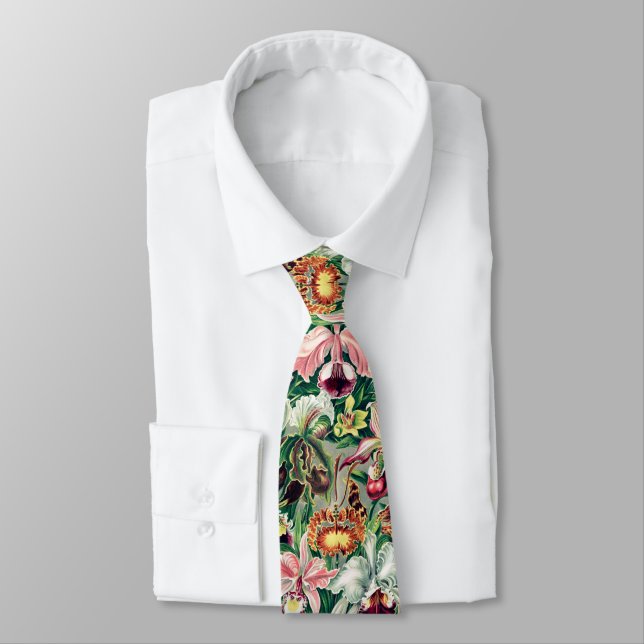 White Pink Yellow Green Orchid Pattern Tie (Tied)