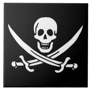 White, Pirate Flag Calico Jack, Skull & Cutlass  Ceramic Tile
