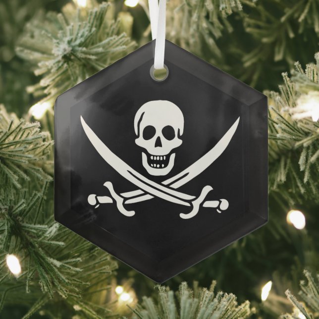 White, Pirate Flag Calico Jack, Skull & Cutlass  Glass Tree Decoration (Insitu)