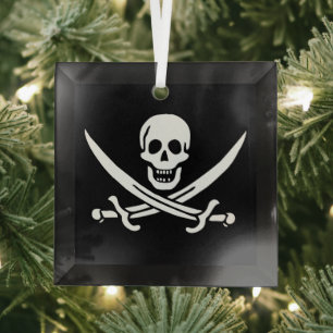 White, Pirate Flag Calico Jack, Skull & Cutlass Glass Tree Decoration