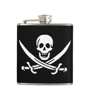 White, Pirate Flag Calico Jack, Skull & Cutlass  Hip Flask