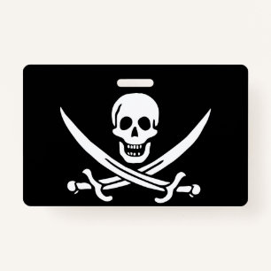 White, Pirate Flag Calico Jack, Skull & Cutlass  ID Badge