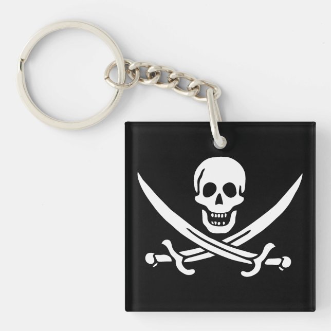 White, Pirate Flag Calico Jack, Skull & Cutlass  Key Ring (Front)