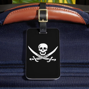 White, Pirate Flag Calico Jack, Skull & Cutlass  Luggage Tag