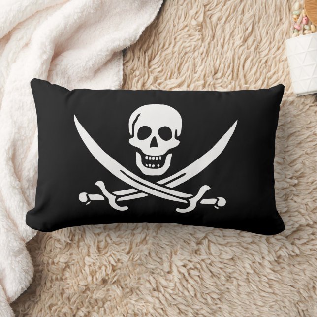 White, Pirate Flag Calico Jack, Skull & Cutlass  Lumbar Cushion (Blanket)