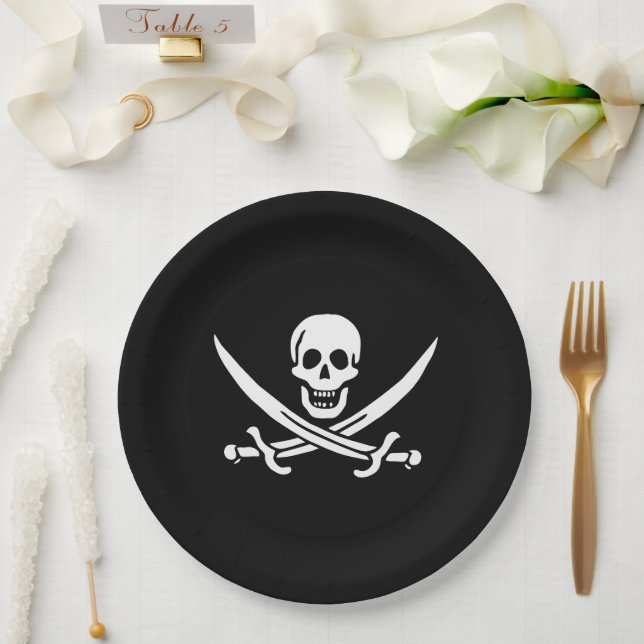 White, Pirate Flag Calico Jack, Skull & Cutlass  Paper Plate (Wedding)