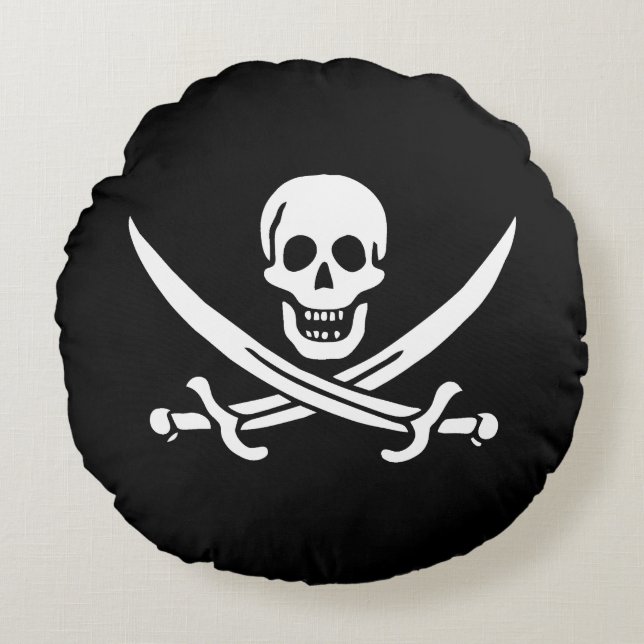White, Pirate Flag Calico Jack, Skull & Cutlass Round Cushion (Front)