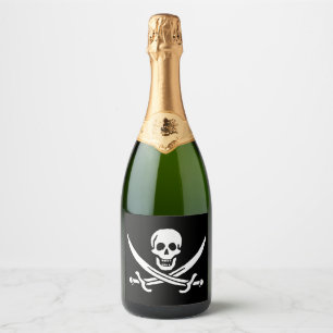 White, Pirate Flag Calico Jack, Skull & Cutlass  Sparkling Wine Label