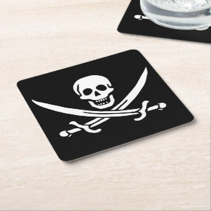 White, Pirate Flag Calico Jack, Skull & Cutlass  Square Paper Coaster