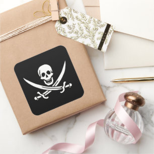 White, Pirate Flag Calico Jack, Skull & Cutlass Square Sticker