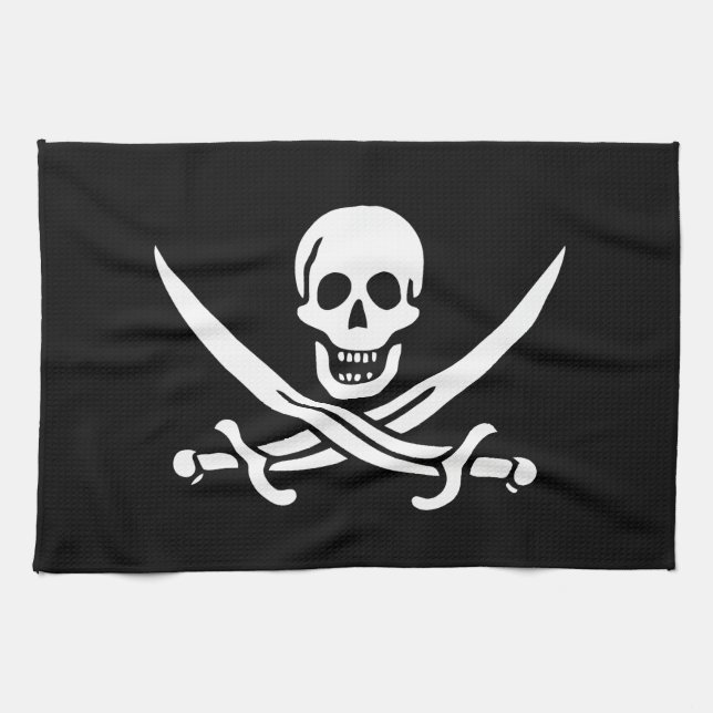 White, Pirate Flag Calico Jack, Skull & Cutlass  Tea Towel (Horizontal)