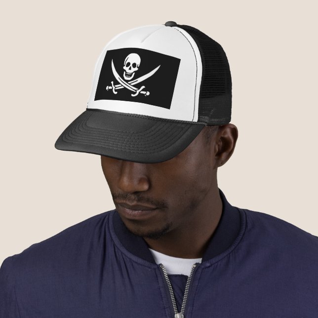 White, Pirate Flag Calico Jack, Skull & Cutlass  Trucker Hat (In Situ)