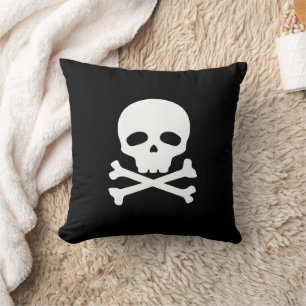White Pirate Skull on Black Background Cushion