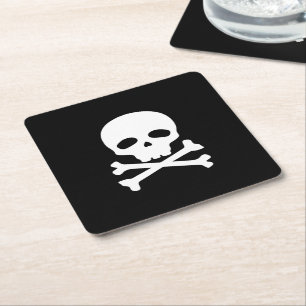 White Pirate Skull on Black Background Square Paper Coaster