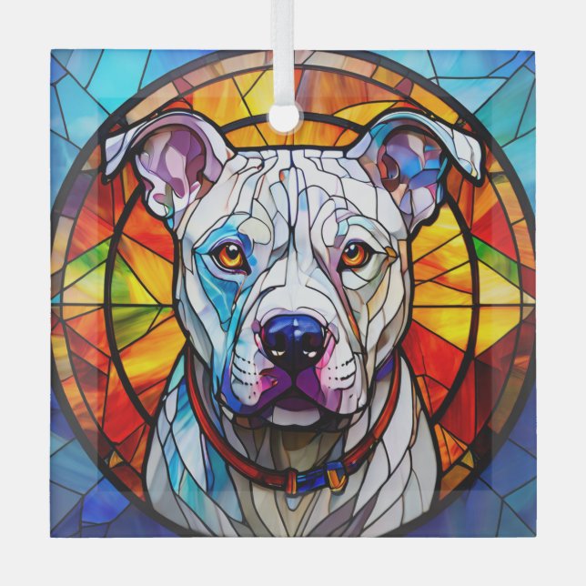 White Pit Bull Dog "Stained Glass" Glass Tree Decoration (Front)