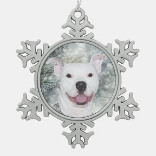 White pitbull Christmas Snowflake Pewter Christmas Ornament